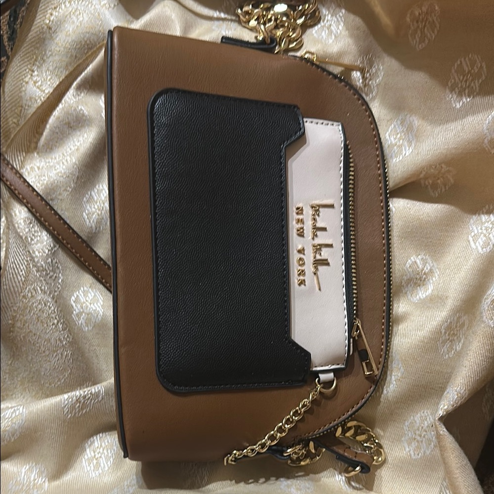 Nicole Miller Brown Black and Cream Chain Strap Crossbody